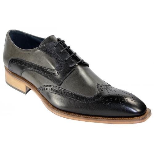 Duca Di Matiste 0407 Black / Grey Genuine Calfskin Medallion Toe Perforated Lace-up Shoes.